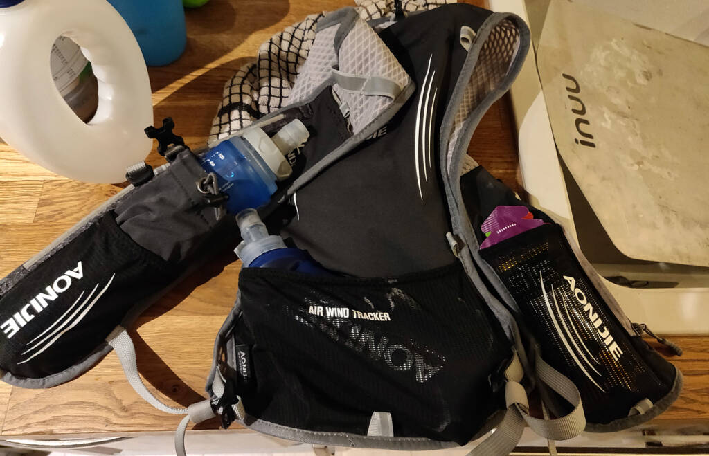 hydration pack with energy gels and fluids packed.