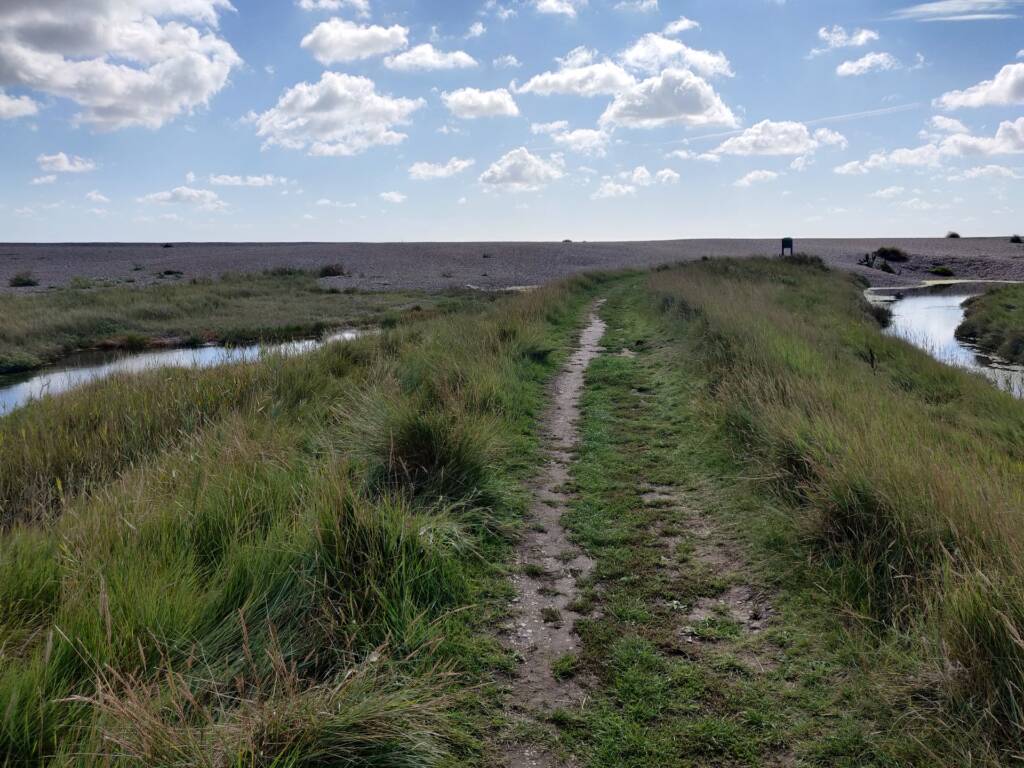 Dunwich coastal trail running, view of the beach ahead.