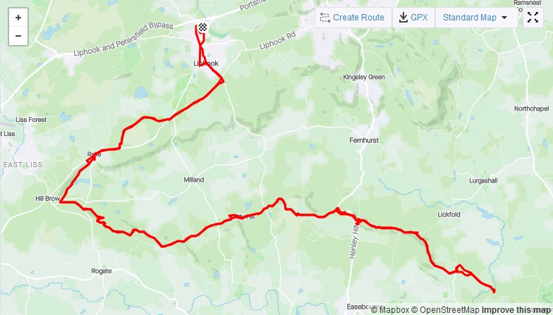 Strava route of South Downs ultra trail run. From Liphook to Petworth and back again.