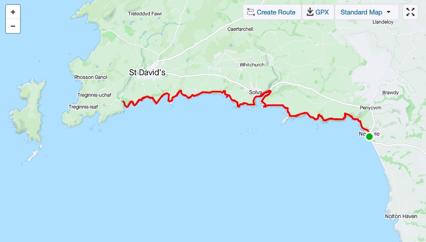 coastal path trail running route map - Newgale to Porthclais and return.