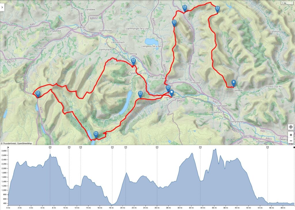 Blacks to the Beacons 50 map and elevation profile