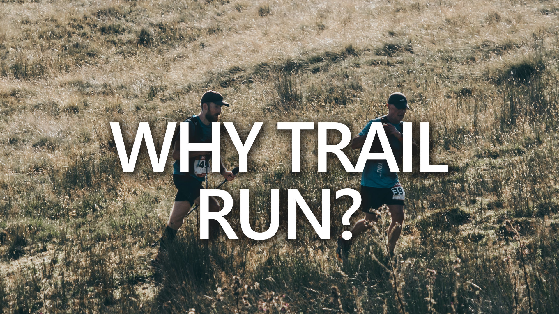 why trail run - image of two ultra runners moving quickly across a grassy, hilly landscape
