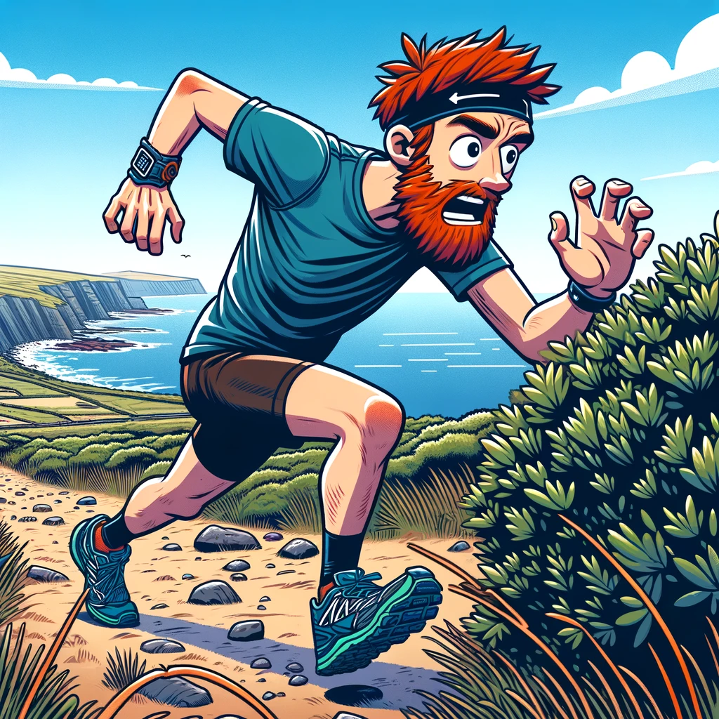 bearded man dashing toward a bush on a coastal trail. (From the post about uncoventional tips for trail runners).