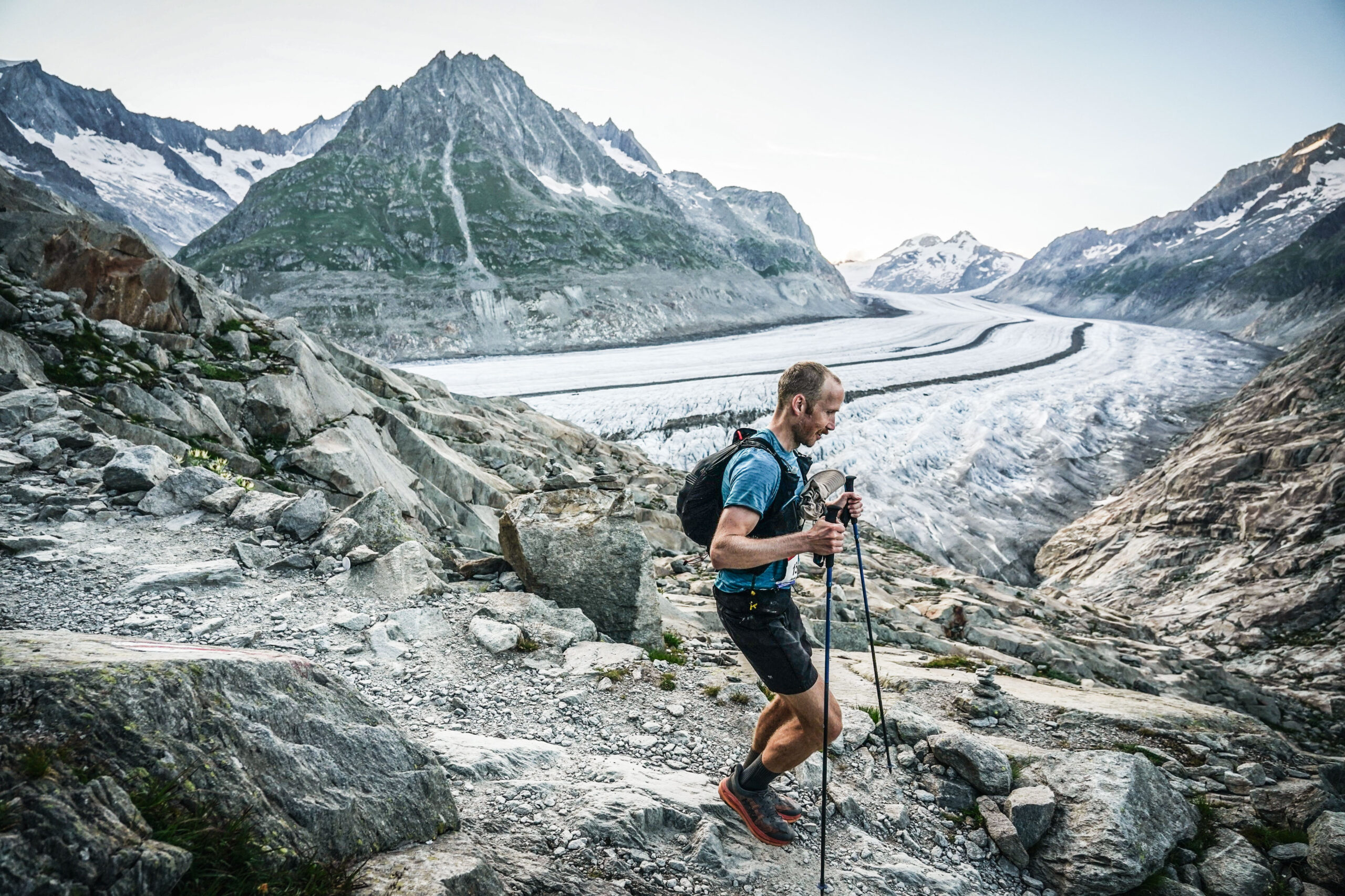 Running past the Aletsch Glacier on the Swiss Alps 100 race